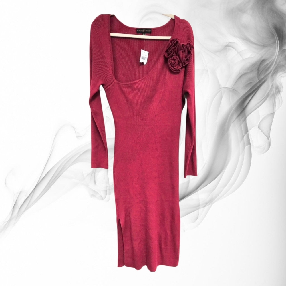 Red Knit Midi Sweater Dress w/Flower Accent Size 2X